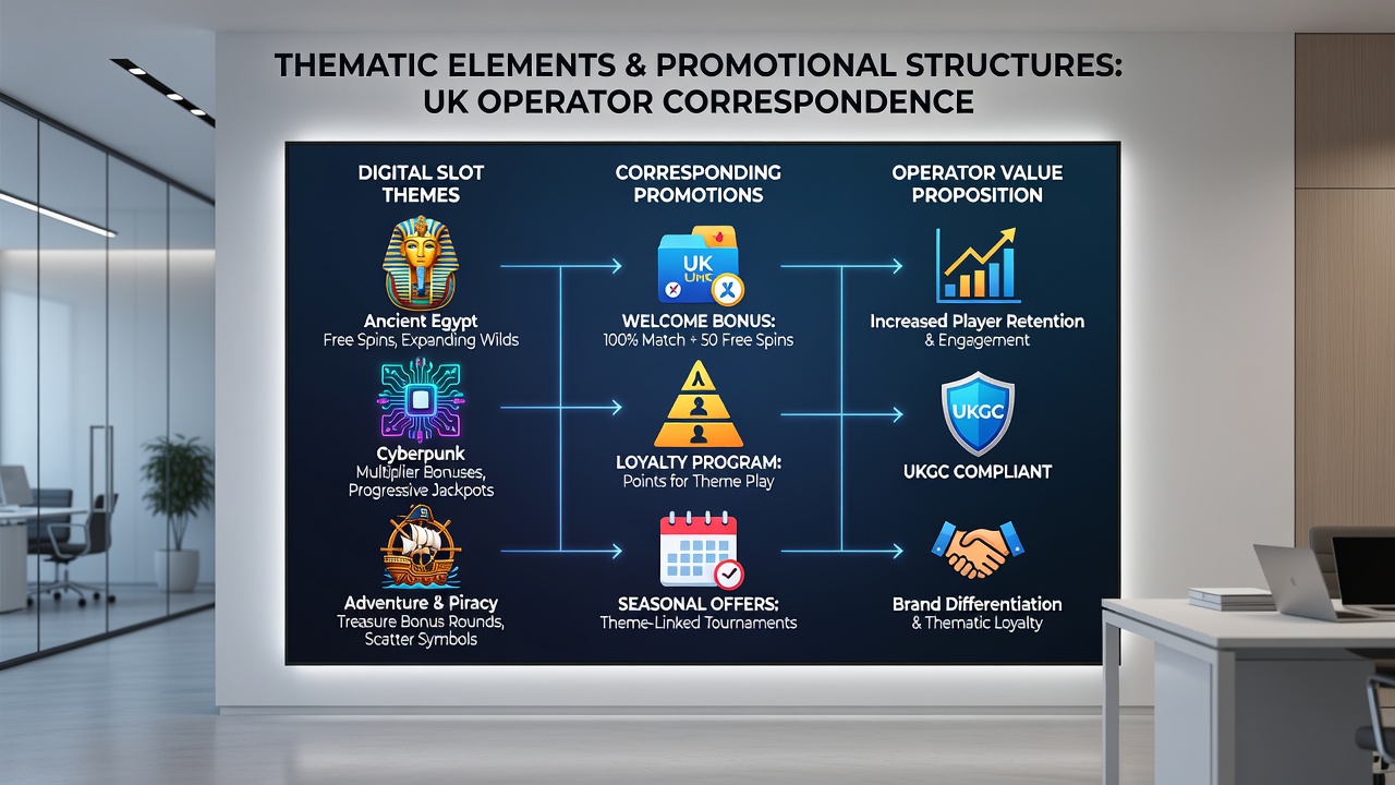 Infographic showing correspondence between slot machine themes and UK promotional structures including bonus types and eligibility rules