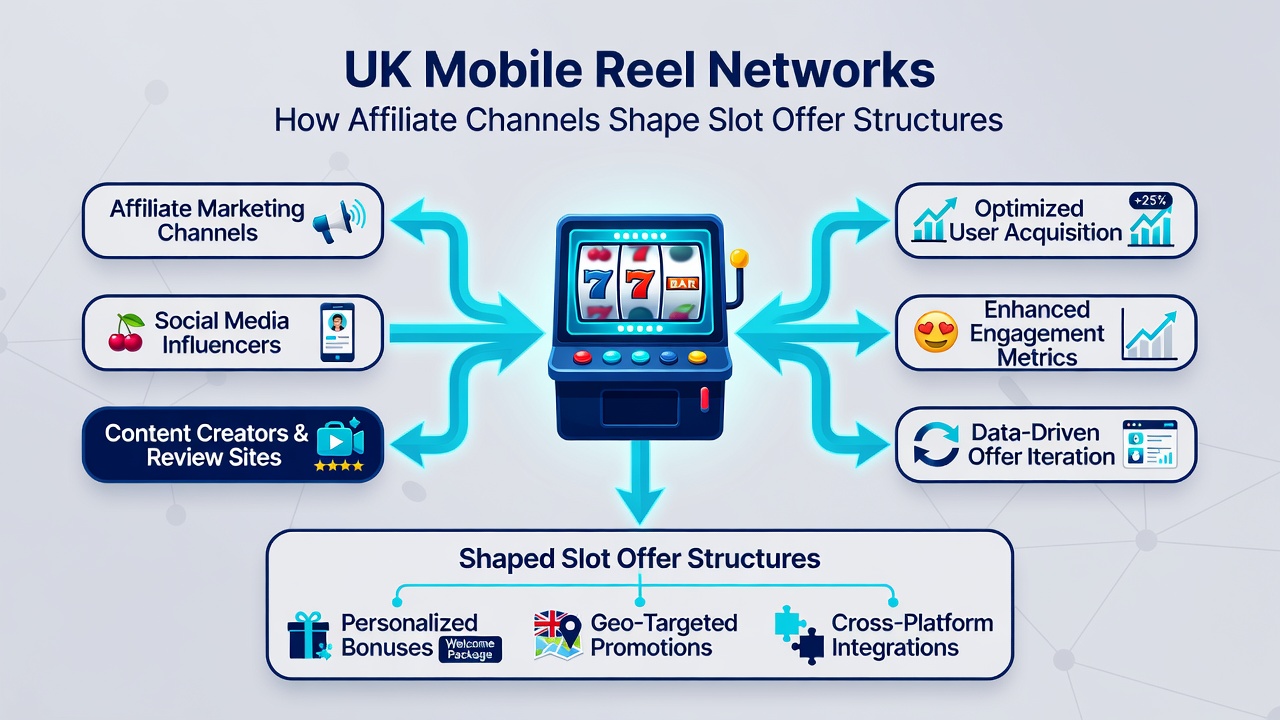 Chart comparing mobile slot offer structures across different affiliate acquisition channels in the UK